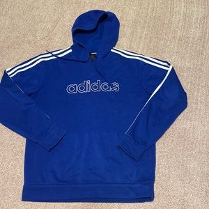 Adidas blue hoodie size M spell out logo white sleeves stripes Men’s